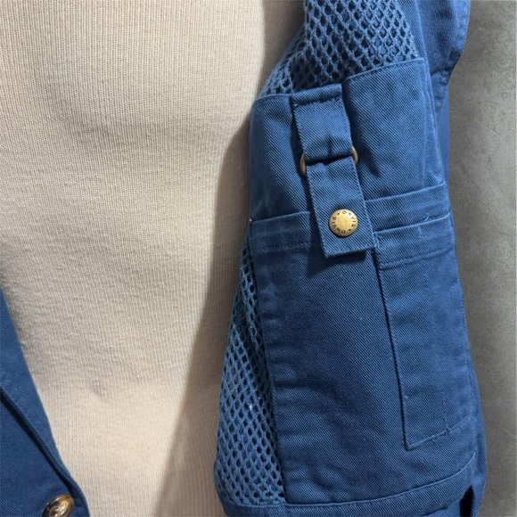 Orvis , Navy jacket with tan leather patch detail . - Picture 6 of 7